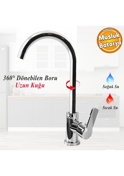 Polo Uzun Kuğu Batarya Krom Lavabo Banyo Mutfak Musluğu Mermer Tezgah Üstü Çift Su Giriş Evye