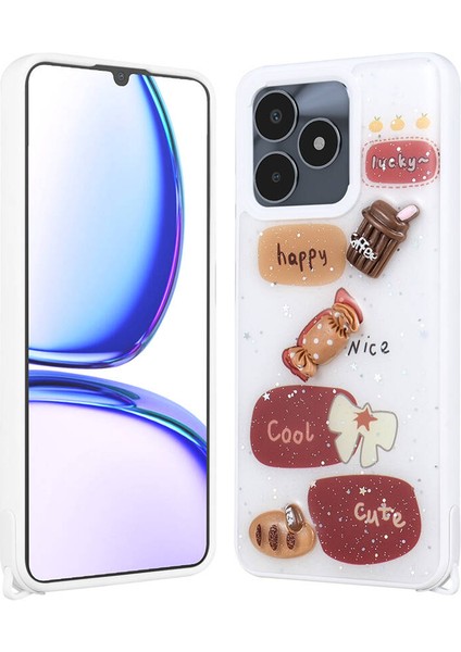 - Realme C53 4G - Kılıf Parlayan Simli Kabartma Figürlü Cevze Kapak - Beyaz - T31375