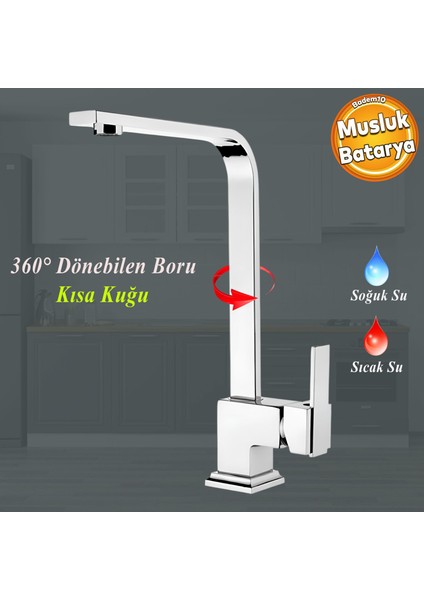 Side Kısa Kuğu Batarya Krom Lavabo Banyo Mutfak Musluğu Mermer Tezgah Üstü Çift Su Giriş Evye