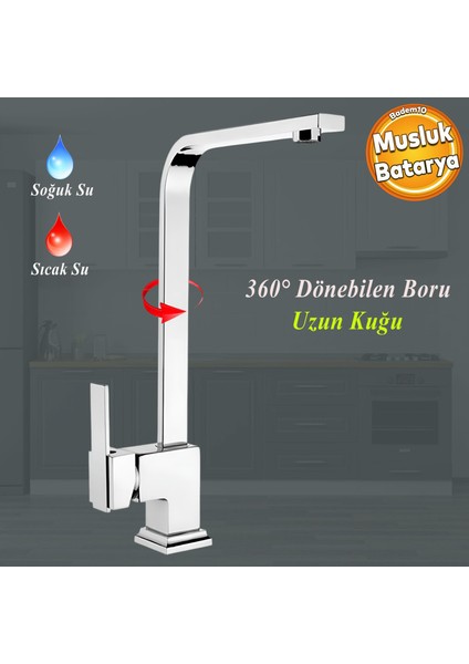 Side Uzun Kuğu Batarya Krom Lavabo Banyo Mutfak Musluğu Mermer Tezgah Üstü Çift Su Giriş Evye