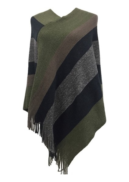 Kadın Kazak Örme Moda Renk Bloklu Ilkbahar, Sonbahar ve Kış Şalı, Atkı ve Renkli Çizgili Püskül Pelerinli (Yurt Dışından)