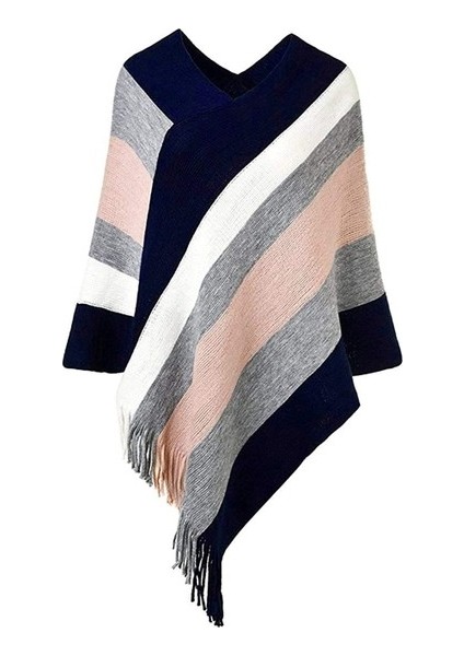 Kadın Kazak Örme Moda Renk Bloklu Ilkbahar, Sonbahar ve Kış Şalı, Atkı ve Renkli Çizgili Püskül Pelerinli (Yurt Dışından)