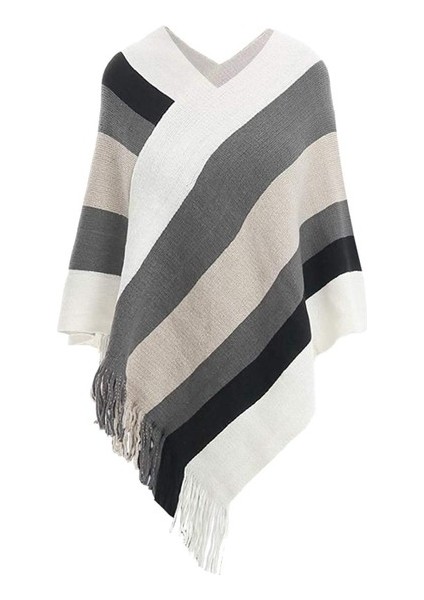 Kadın Kazak Örme Moda Renk Bloklu Ilkbahar, Sonbahar ve Kış Şalı, Atkı ve Renkli Çizgili Püskül Pelerinli (Yurt Dışından)