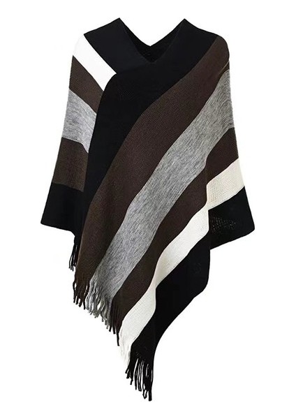 Kadın Kazak Örme Moda Renk Bloklu Ilkbahar, Sonbahar ve Kış Şalı, Atkı ve Renkli Çizgili Püskül Pelerinli (Yurt Dışından)