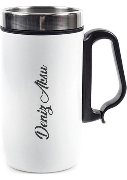 Kişiye Özel Kulplu Çelik Termos Bardak 240 ml - Beyaz