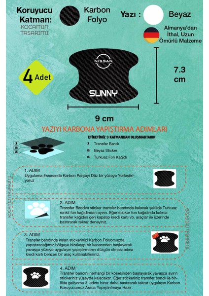 Nissan Sunny Kapı Kolları Için Çizik Önleyici Şık Karbon Desenli Folyo Koruma Seti Sunny Yazılı