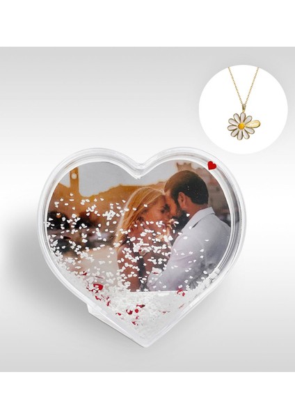 Kişiye Özel Fotoğraflı Kalp Kar Küresi ve Isimli Papatya Kolye-1
