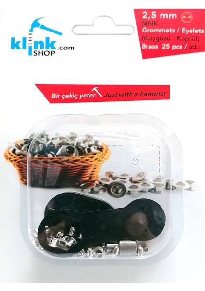 Kuşgözü 2,5 mm Kendin Yap Kiti. Bez Bebek Ayakkabısı ve Küçük Ölçekli Ürünler İçin Çekiçle Uygulama Aparatları ve 25 Adet Gümüş Renk (nikel free) Kuşgözü Takım-Paslanmaz Pirinç