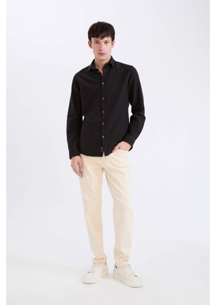 Slim Fit Dar Kesim Pamuklu Basic Düz Uzun Kollu Siyah Gömlek A4644AX24AU fiyatları