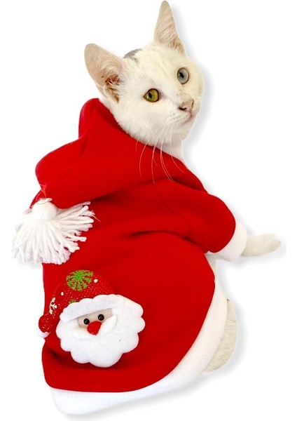 Santa Neo Kapşonlu Polar Noel Yılbaşı Kedi Sweati Kırmızı L