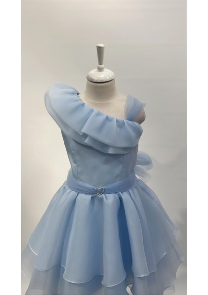 Kız Çocuk Abiye Mavi Kalp Tokalı Tek Omuz Detaylı Abiye Elbise 6-10 Yaş indirimleri