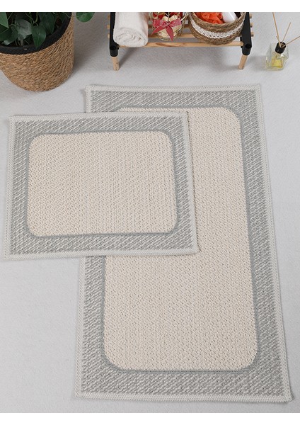 Naturel Pamuklu Kilim Yıkanabilir Banyo Paspası Seti 2'li Klozet Takımı 60 x 100-50 x 60 cm 7034