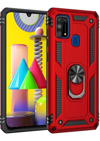 - Samsung Galaxy M31 - Kılıf Yüzüklü Zırh Tank Vega Kapak - Kırmızı - T13870
