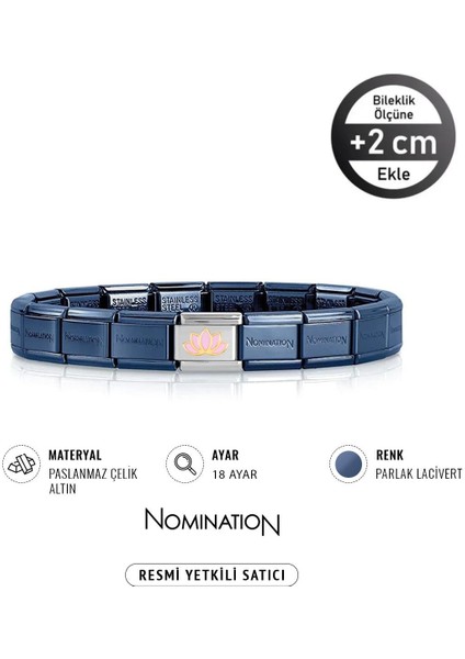 Italy Composable 18 Ayar Altın Lotus Çiçeği ve Çelik Bileklik Parlak Lacivert