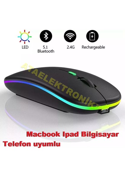 Ultra Slim Bluetooth Rgb Usb Mouse 2.4ghz Siyah Ledli 800 / 1200 / 1600dpi Şarjlı Kablosuz Mouse Rgb Led Işıklı Çift Modlu Kablosuz Ledli Şarj Edilebilir Sessiz Tıklama