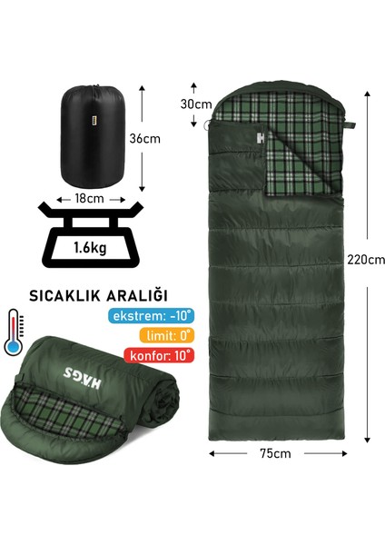 Uyku Tulumu, Flanel, Battaniye, Kamp Uyku Tulumu, 3 - 4 Mevsim, Yazlık - Kış Uyku Tulumu Haki