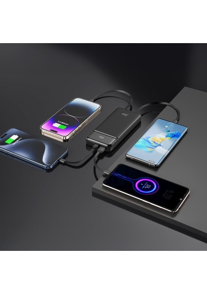 10000MAH 22.5W LED Ekranlı Lightning ve Type-C Kablolu Powerbank Taşınabilir Hızlı Şarj Cihazı Siyah