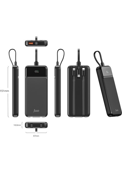 10000MAH 22.5W LED Ekranlı Lightning ve Type-C Kablolu Powerbank Taşınabilir Hızlı Şarj Cihazı Siyah
