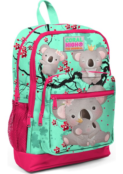 Su Yeşili Neon Mercan Koala Desenli 3’lü Okul Çanta Seti
