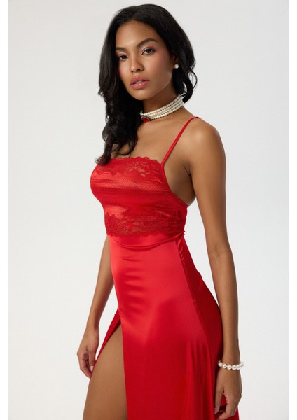 Eclatant Kırmızı Askılı Uzun Saten Gecelik fiyatları
