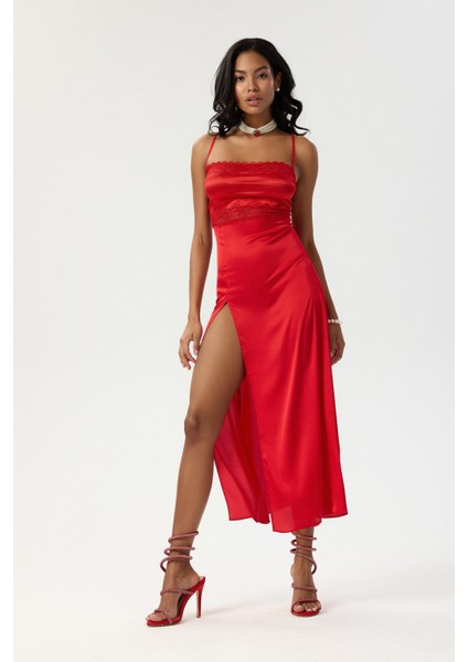 Eclatant Kırmızı Askılı Uzun Saten Gecelik modelleri