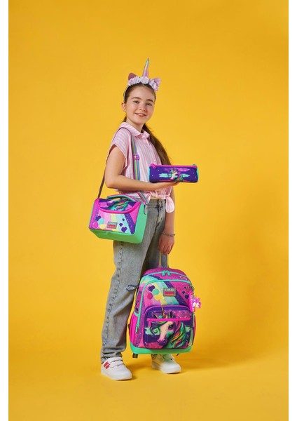 Pembe Su Yeşili Unicorn Desenli 3’lü Okul Çanta Seti