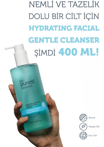 The Purest Solutions Kuru ve Karma Ciltler Için Nemlendirici ve Bariyer Onarıcı Hyalüronik Asit Yüz Temizleme Jeli 400 ml