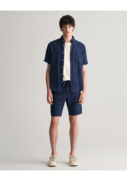Erkek Lacivert Relaxed Fit Keten Şort 205073.410