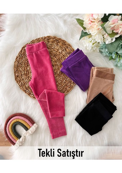 Beli Lastikli Basic Kız Fitilli Kadife Tayt - Pembe