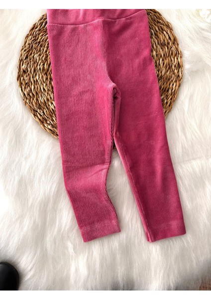 Beli Lastikli Basic Kız Fitilli Kadife Tayt - Pembe