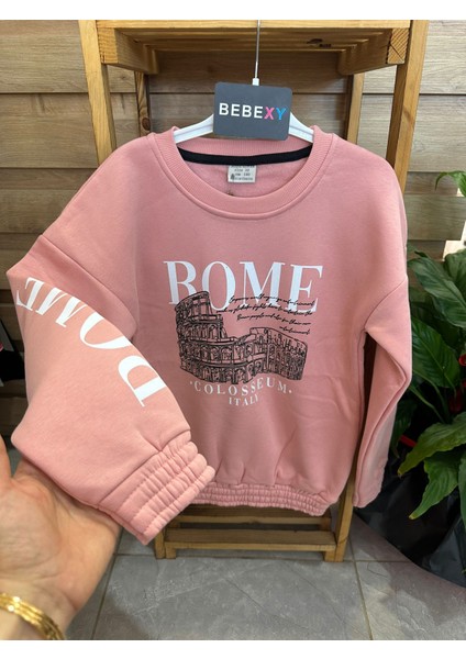 Rome Baskılı Sweatshirt Pembe