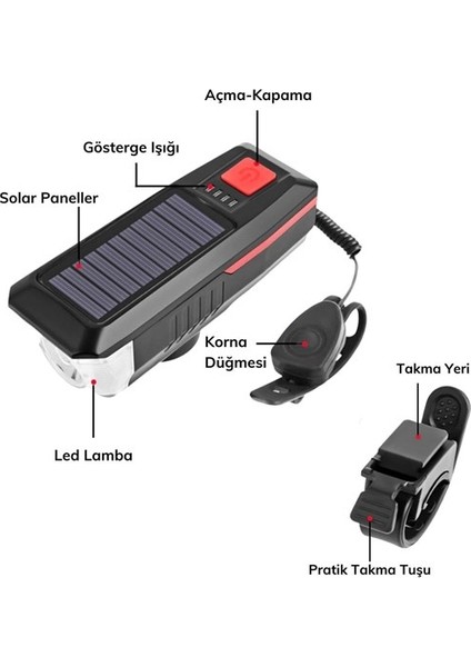 Solar Enerjili USB ile Şarj Edilebilir Ledli Bisiklet Feneri Kornalı ve Su Geçirmez Far (4825)