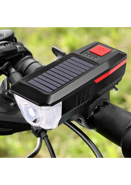 Solar Enerjili USB ile Şarj Edilebilir Ledli Bisiklet Feneri Kornalı ve Su Geçirmez Far (4825)