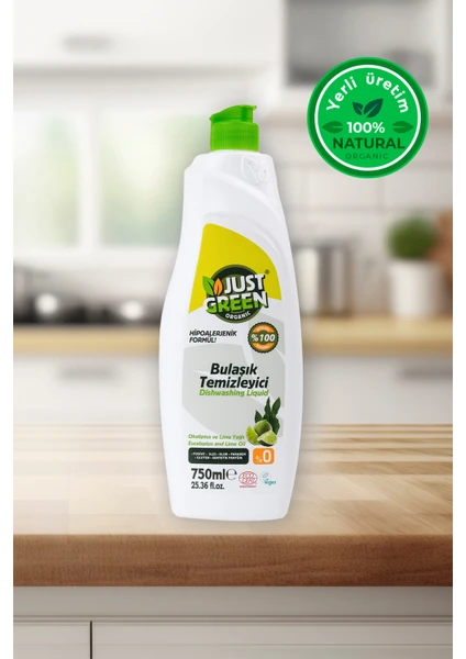 Just Green Organic Bitkisel Elde Bulaşık Deterjanı Okaliptüs Ve Lime Yağlı, %100 Doğal,bitkisel Ve Ferah Temizlik 750ml