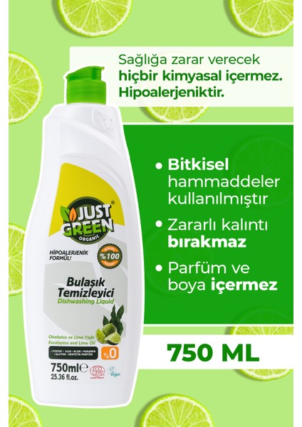 Just Green Organic Bitkisel Elde Bulaşık Deterjanı Okaliptüs Ve Lime Yağlı, %100 Doğal,bitkisel Ve Ferah Temizlik 750ml