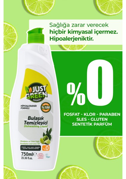 Just Green Organic Bitkisel Elde Bulaşık Deterjanı Okaliptüs Ve Lime Yağlı, %100 Doğal,bitkisel Ve Ferah Temizlik 750ml