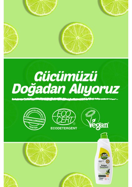 Just Green Organic Bitkisel Elde Bulaşık Deterjanı Okaliptüs Ve Lime Yağlı, %100 Doğal,bitkisel Ve Ferah Temizlik 750ml