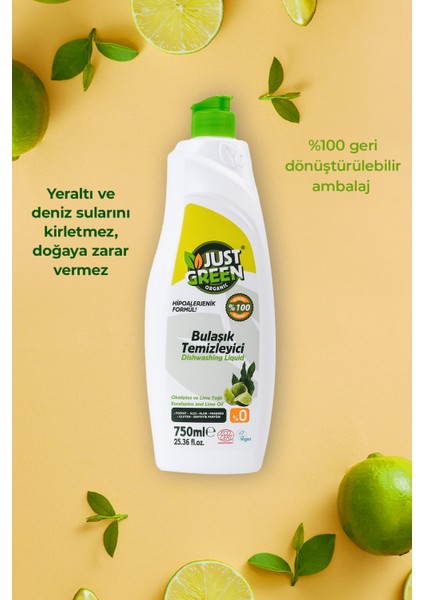 Just Green Organic Bitkisel Elde Bulaşık Deterjanı Okaliptüs Ve Lime Yağlı, %100 Doğal,bitkisel Ve Ferah Temizlik 750ml