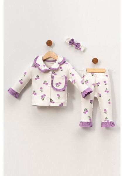 Fırfır Detaylı Cepli Kız Çocuk Lale Desen 2li gecelik takımı - Lila