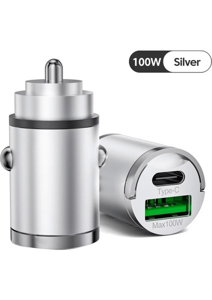 100W Mini Silver Çakmaklık USB Type-C Soketli Araç Içi Süper Hızlı Şarj Adaptörü