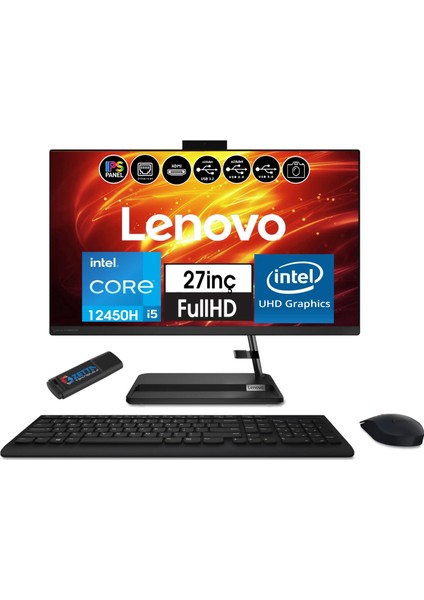 Ideacentre 3 Intel Core I5 12450H 32GB 4tb SSD Freedos 27" IPS All In One Bilgisayar AIOF0GJ011VTR15+ZETTAUSBBELLEK