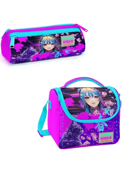 Mor Pembe Anime Kedi Desenli Üç Bölmeli Kalem Çantası ve Thermo Beslenme Çantası fiyatları
