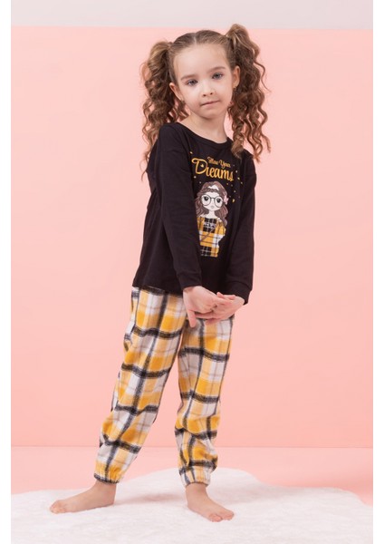 Baskılı Ekose Desenli Polar Pijama Takımı Alt-Üst Kız Çocuk Takım