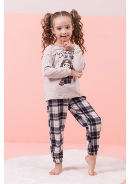 Baskılı Ekose Desenli Polar Pijama Takımı Alt-Üst Kız Çocuk Takım