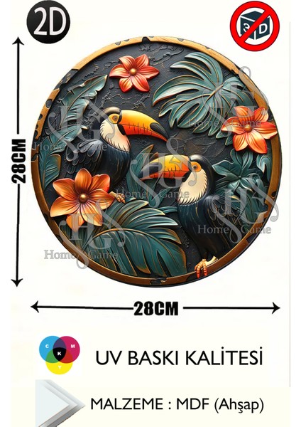 Ahşap Tukan Temalı 28 x 28 cm Yuvarlak Ev, Bahçe Mutfak Duvar Dekoru & MODEL03