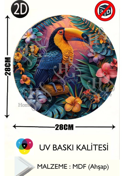 Ahşap Tukan Temalı 28 x 28 cm Yuvarlak Ev, Bahçe Mutfak Duvar Dekoru & MODEL06