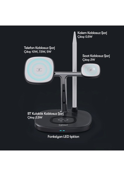 4’ü 1 Arada Kablosuz Şarj İstasyonu - Telefon, Saat, AirPods ve Kalem İçin