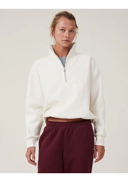 Oversize Yarım Farmuarlı Yakalı Basic Sweatshirt - Beyaz