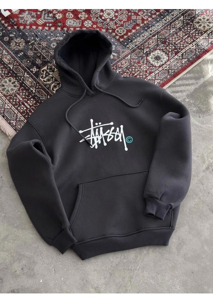 Üç Iplik Kapşonlu Baskılı Sweatshirt - Füme