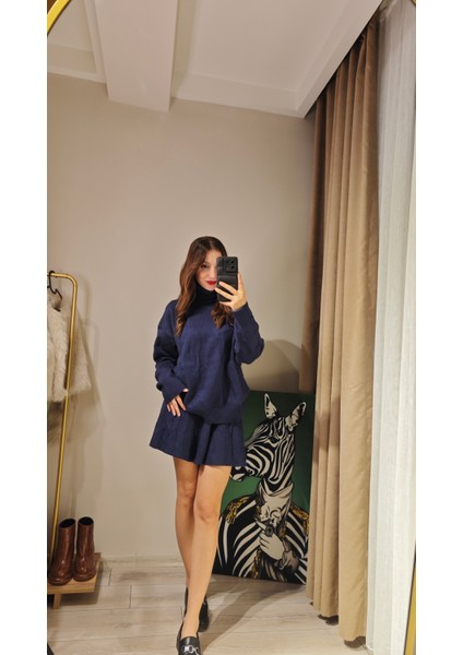 Yeni Sezon Yüksek Kalite Oversize Balıkçı Kazak Pileli Mini Etek Triko Takım